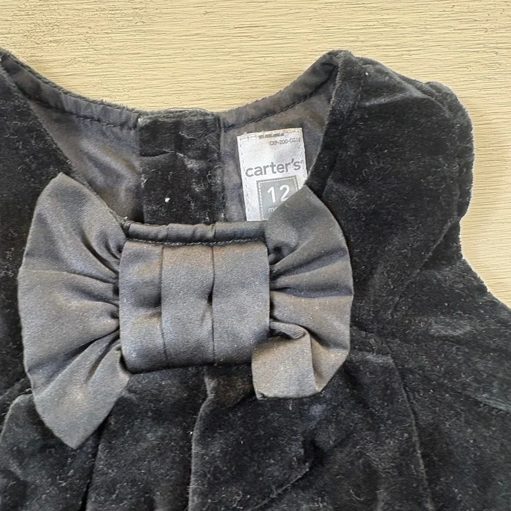 Carters Baby Girl 12 Months Black Velvet Dress Diaper Cover Set Bow Holiday